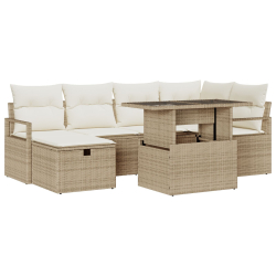 7-częściowy Zestaw Sofy Ogrodowej z Poduszkami Beżowy Poly Rattan, 2-osobowa Sofa Ogrodowa z Poduszkami Beżowy Poly Rattan