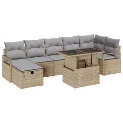 Zestaw Sof Ogrodowych 8 Części z Poduszkami Beżowy Rattan, 2-osobowa Sofa Ogrodowa z Poduszkami Beżowa Rattan
