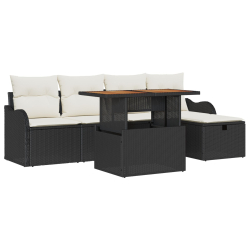 6-częściowy Zestaw Sofy Ogrodowej Z Poduszkami Czarny Poli Rattan, 2-osobowa Sofa Ogrodowa Z Poduszkami Czarny Poli Rattan