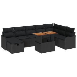 9-elementowy zestaw sofy ogrodowej z poduszkami Czarny Poli Rattan, 2-osobowa sofa ogrodowa z poduszkami Czarny Poli Rattan