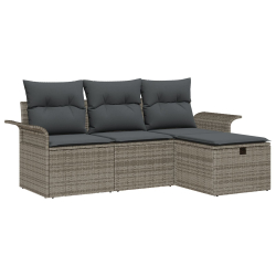 Zestaw ogrodowy 4-częściowy z poduszkami szary rattan, Sofa ogrodowa 2-osobowa z przechowalnią i poduszkami szary rattan