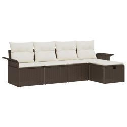 Zestaw sofa ogrodowa 5-częściowy z poduszkami brązowy rattan poliester, Sofa ogrodowa dwuosobowa z przechowalnią i poduszkami brązowy rattan poliester