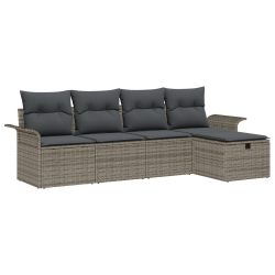 Zestaw Sofa Ogrodowa 5 Elementów z Poduszkami Szary Poli Rattan, Sofa Ogrodowa 2-osobowa z Przechowywaniem i Poduszkami Szary Poli Rattan