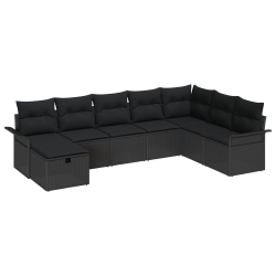 Zestaw 8-częściowy sof ogrodowych z poduszkami czarny polirattan, 2-osobowa sofa ogrodowa z miejscem do przechowywania i poduszkami czarny polirattan
