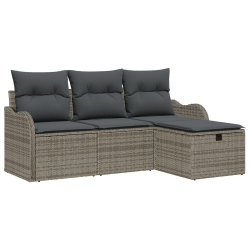 4-elementowy zestaw sof ogrodowych z poduszkami szary poli rattan, 2-osobowa sofa ogrodowa z miejscem do schowania i poduszkami szary poli rattan