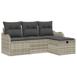 Zestaw sof ogrodowych 4 części z poduszkami jasnoszary rattan poli, 2-osobowa sofa ogrodowa z magazynem i poduszkami jasnoszary rattan poli