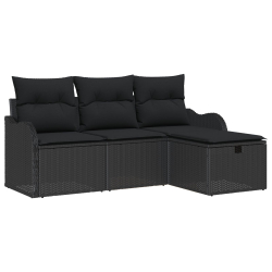 4-częściowy zestaw sof ogrodowych z poduszkami Czarny Poli Rattan, 2-osobowa sofa ogrodowa z miejscem do przechowywania i poduszkami Czarny Poli Ratta