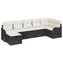 Zestaw Sof Ogrodowych 7 części z poduszkami Czarny Rattan poliester, 2-osobowa sofa ogrodowa z przechowywaniem i poduszkami Czarny Rattan poliester