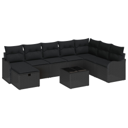 9-Częściowy Zestaw Sof Ogrodowych z Poduszkami Czarny Poli Rattan, 2-osobowa Sofa Ogrodowa z Schowkiem i Poduszkami Czarny Poli Rattan