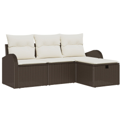 4-częściowy Zestaw Sof Ogrodowych z Poduszkami Brązowy Rattan Poli, 2-osobowa Sofa Ogrodowa z Przechowywaniem i Poduszkami Brązowy Rattan Poli