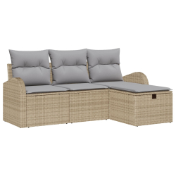 4-częściowy Zestaw Sof Ogrodowych z Poduszkami Beżowy Poli Rattan, 2-osobowa Sofa Ogrodowa z Schowkiem i Poduszkami Beżowy Poli Rattan