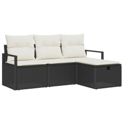 4-częściowy zestaw sof ogrodowych z poduszkami Czarny Rattan PE, 2-osobowa sofa ogrodowa z miejscem do przechowywania i poduszkami Czarny Rattan PE