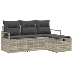 4-częściowy zestaw sofy ogrodowej z poduszkami Jasnoszary Poli Rattan, 2-osobowa sofa ogrodowa z schowkiem i poduszkami Szary Poli Rattan