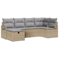 Zestaw Sofy Ogrodowej 6 Części z Poduszkami Beżowy Rattan PE, 2-osobowa Sofa Ogrodowa z Przechowywaniem i Poduszkami Beżowa Rattan PE