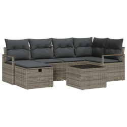 Siedmioelementowy zestaw sof ogrodowych z poduszkami Szary Rattan, Dwuosobowa sofa ogrodowa z magazynem i poduszkami Szary Rattan