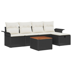 6-częściowy Zestaw Sof Ogrodowych z Poduszkami Czarny Poli Rattan, 2-osobowa Sofa Ogrodowa z Przechowalnią i Poduszkami Czarny Poli Rattan