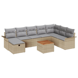 Zestaw sof ogrodowych w 9 kawałkach z poduszkami Beżowy Rattan Poli, Sofa ogrodowa dla 2 osób z przechowalnią i poduszkami Beżowy Poli Rattan