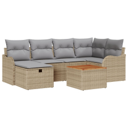 Zestaw Sof Ogrodowych 7-częściowy z Poduszkami Beżowymi Poli Rattan, Dwuosobowa Sofa Ogrodowa z Przechowalnią i Poduszkami Beżowymi Poli Rattan