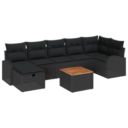 Zestaw 8-częściowy sofa ogrodowa z poduszkami czarny polirattan, 2-osobowa sofa ogrodowa z miejscem na schowek i poduszkami czarny polirattan