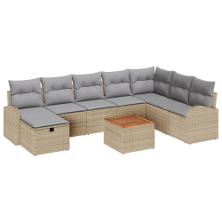 Zestaw 9-częściowej Sofy Ogrodowej z Poduszkami Beżowy Poli Rattan, Dwuosobowa Sofa Ogrodowa z Przechowywaniem i Poduszkami Beżowy Poli Rattan