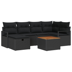 Zestaw 7-częściowy sofa ogrodowa z poduszkami czarny polirattan, 2-osobowa sofa ogrodowa ze schowkiem i poduszkami czarny polirattan