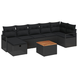 Zestaw 8-częściowy sofa ogrodowa z poduszkami - czarny polirattan, 2-osobowa sofa ogrodowa z schowkiem i poduszkami - czarny polirattan