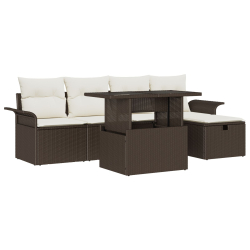Zestaw 6-częściowy sof ogrodowych z poduszkami Brązowy Poli Rattan, Sofa dwuosobowa z schowkiem i poduszkami Brązowy Poli Rattan