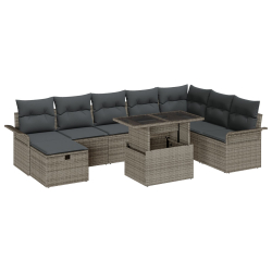 9-częściowy zestaw sof ogrodowych z poduszkami szary rattan polyester, 2-osobowa sofa ogrodowa z przechowywaniem i poduszkami szary rattan polyester