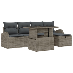 Zestaw sofy ogrodowej 6-częściowy z poduszkami Szary Rattan, 2-osobowa sofa ogrodowa z przechowywaniem i poduszkami Szary Rattan
