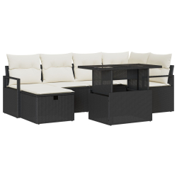 Zestaw 7-częściowy sof ogrodowych z poduszkami Czarny Poli Rattan, 2-osobowa sofa ogrodowa z przechowalnią i poduszkami Czarny Poli Rattan