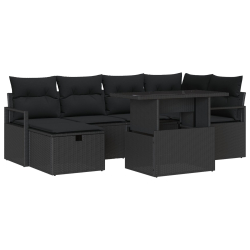 Zestaw 7-częściowy sof ogrodowych z poduszkami czarny poli rattan, Sofa dla 2 osób z przechowalnią i poduszkami czarny poli rattan