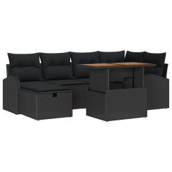 Zestaw 7-Częściowych Sof Ogrodowych z Poduszkami Czarny Poli Rattan, Sofa Ogrodowa 2-osobowa z Miejscem na Przechowywanie i Poduszkami Czarna Poli Rat