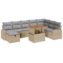9-częściowy Zestaw Sofy Ogrodowej z Poduszkami Beżowy Rattan, Sofa Ogrodowa 2-osobowa z Przechowalnią i Poduszkami Beżowy Rattan