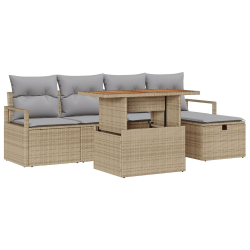 6-częściowy zestaw sof ogrodowych z poduszkami Beżowy Poli Rattan, 2-osobowa sofa ogrodowa z przechowywaniem i poduszkami Beżowy Poli Rattan