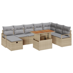 Zestaw Sof Ogrodowych 9-częściowy z Poduszkami Beżowy Rattan Polietylenowy, 2-osobowa Sofa Ogrodowa z Przechowywaniem i Poduszkami Beżowy Rattan Polie