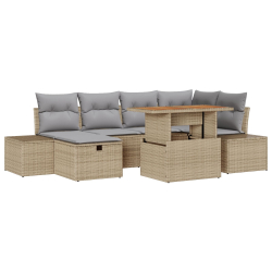 Zestaw 7-częściowy do jadalni w ogrodzie z poduszkami Beżowy Poly Rattan Akacja