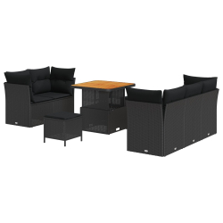 Zestaw Sofa Ogrodowa 8 Części z Poduszkami Czarny Poli Rattan Akacja, Zestaw Jadalny 3 Części z Poduszkami Czarny Poli Rattan Akacja