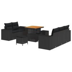 Zestaw 8-częściowy sofa ogrodowa z poduszkami czarny poli rattan akacja, Zestaw 3-częściowy stół jadalny ogrodowy z poduszkami czarny poli rattan akac