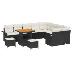 Zestaw Sof Ogrodowych 12 Elementów Z Poduszkami Czarny Poli Rattan Akacja, Zestaw Jadalny 3 Elementy Z Poduszkami Czarny Poli Rattan Akacja, Sofa Ogro