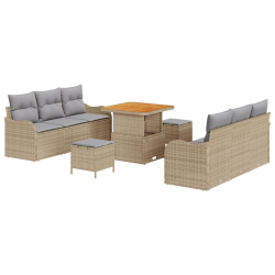 Zestaw Sof Ogrodowych 9 Elementowy z Poduszkami Beżowy Rattan Akacja, Sofa Ogrodowa 2-osobowa z Poduszkami Beżowy Rattan, Zestaw Jadalny 3 Elementowy