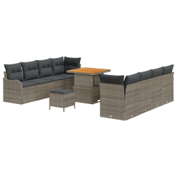 11 elementowy zestaw sofy ogrodowej z poduszkami szary poli rattan akacja, 2-osobowa sofa ogrodowa z poduszkami szary poli rattan, 3-elementowy zestaw