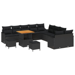Czarna sofa ogrodowa 2-osobowa z poduszkami, Zestaw 3-częściowy z poduszkami czarny polirattan