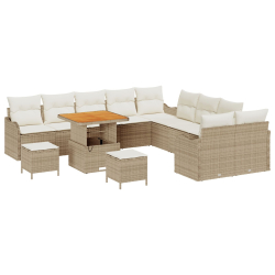 13-częściowy zestaw sof ogrodowych z poduszkami beżowy poli rattan akacja, 2-osobowa sofa ogrodowa z poduszkami beżowy poli rattan, 3-częściowy zestaw