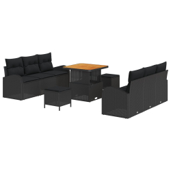 Zestaw Sofa Ogrodowa 9-częściowy z Poduszkami Czarny Polirattan Akacja, Sofa Ogrodowa 2-osobowa z Poduszkami Czarny Polirattan, Zestaw Jadalny Ogrodow