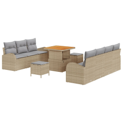 10-elementowy zestaw sof ogrodowych z poduszkami Beżowy poli rattan akacja, Sofa ogrodowa 2-osobowa z poduszkami Beżowa poli rattan, 3-elementowy zest