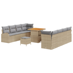 11-częściowy zestaw sofy ogrodowej z poduszkami beżowy Poli rattan akacja, 2-osobowa sofa ogrodowa z poduszkami beżowy Poli rattan, 3-częściowy zestaw