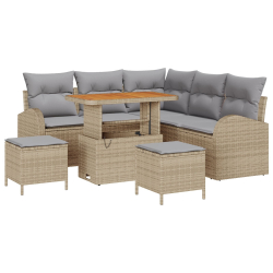8-częściowy zestaw sof ogrodowych z poduszkami Beżowy Rattan Akacja, 2-osobowa sofa ogrodowa z poduszkami Beżowy Rattan, 3-elementowy zestaw jadalny o