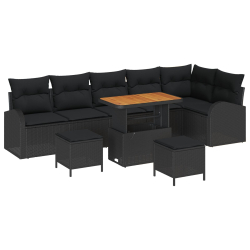 Zestaw 9 częściowy Sof Ogrodowych z Poduszkami Czarny Poli Rattan Akacja, 2-osobowa Sofa Ogrodowa z Poduszkami Czarny Poli Rattan, Zestaw 3 częściowy