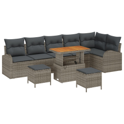 9-częściowy zestaw sof ogrodowych z poduszkami szary poly rattan akacja, Sofa ogrodowa dla dwóch osób z poduszkami szary poly rattan, 3-częściowy zest