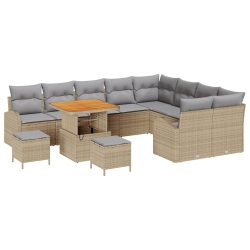 12-częściowy zestaw sofy ogrodowej z poduszkami Beżowy Rattan Akacja, 3-częściowy zestaw jadalny ogrodowy z poduszkami Beżowy Rattan Akacja, Dwuosobow